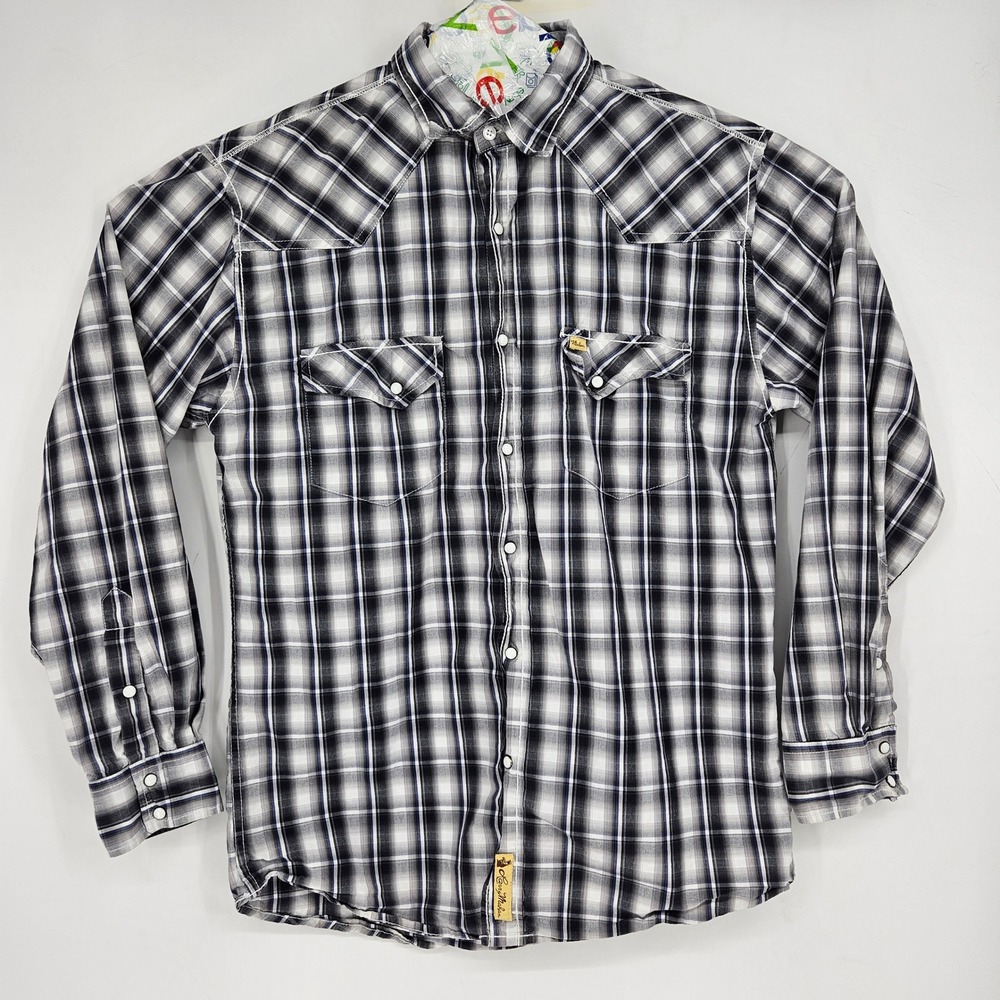 Larry Mahan Shirt Mens Large Western Pearl Snap Long Sleeve Gray Plaid Rodeo
